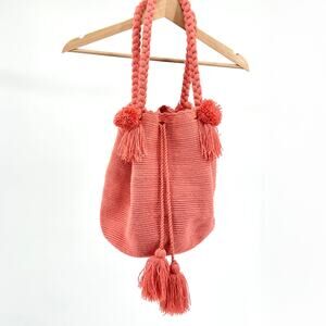 Handwoven Coral Pink Colombian Mochila Pom Pom Tassel Bucket Bag